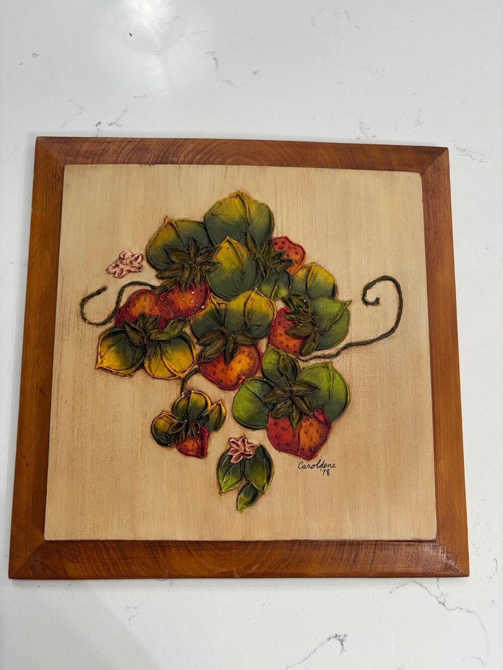 Vintage Wooden strawberry hand painted art raised 3-D signed 12x12 red green